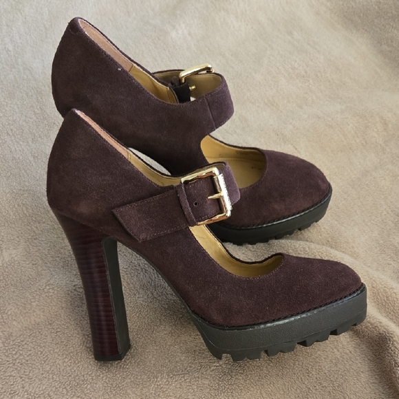 Michael Kors Brown Suede Leather Heeled Pumps with Chunky Platform Mary Jane - Picture 1 of 13